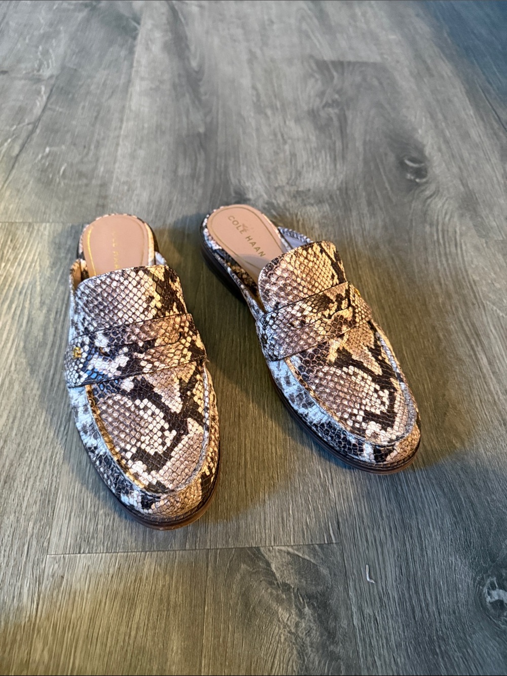 Cole Haan Snake-Print Slip-On Mules in Taupe and Brown